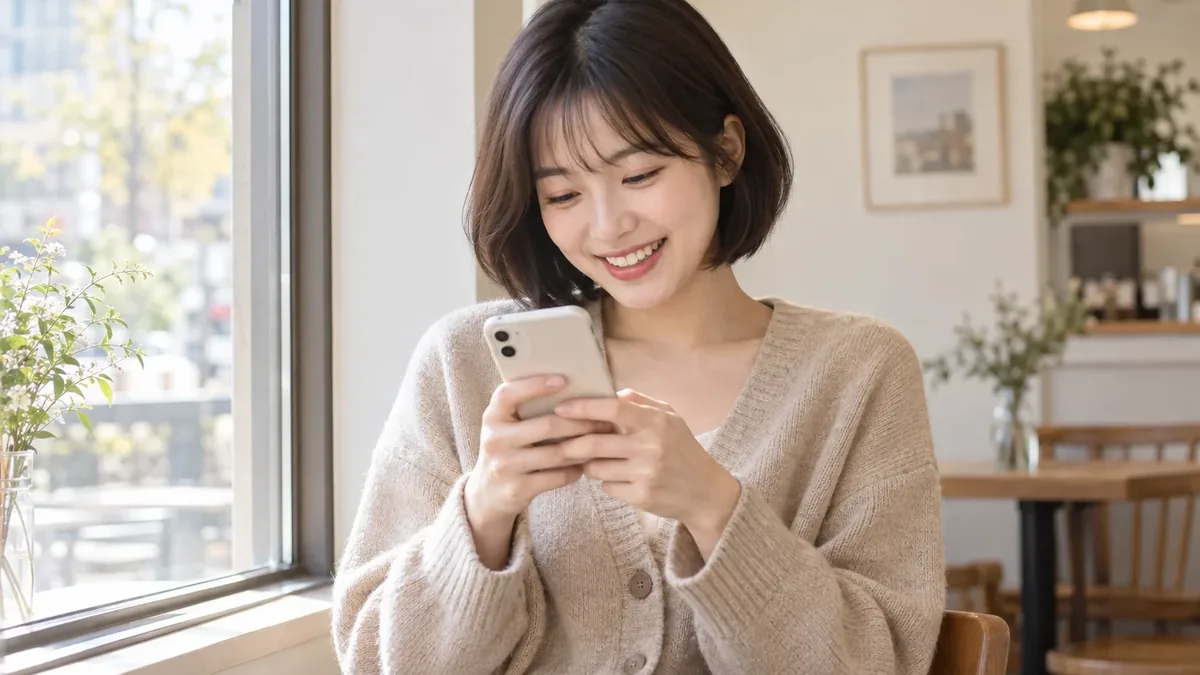 창가에서 휴대폰을 보며 웃는 여성